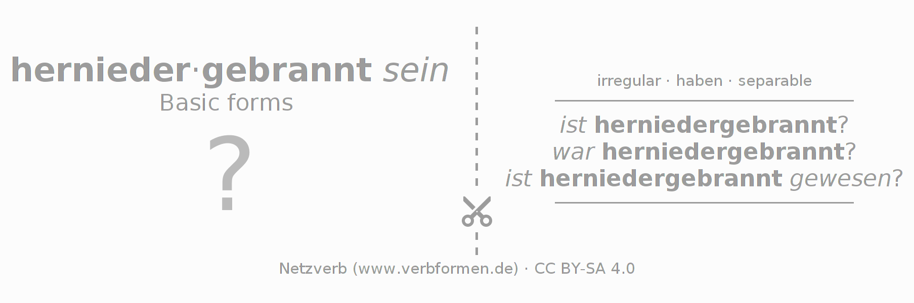 Flash cards for  conjugation of German verb herniederbrennen