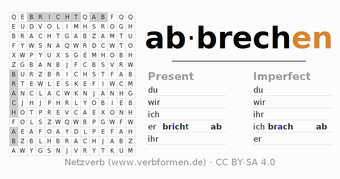 Word search puzzle for conjugation of German verb abbrechen (ist)
