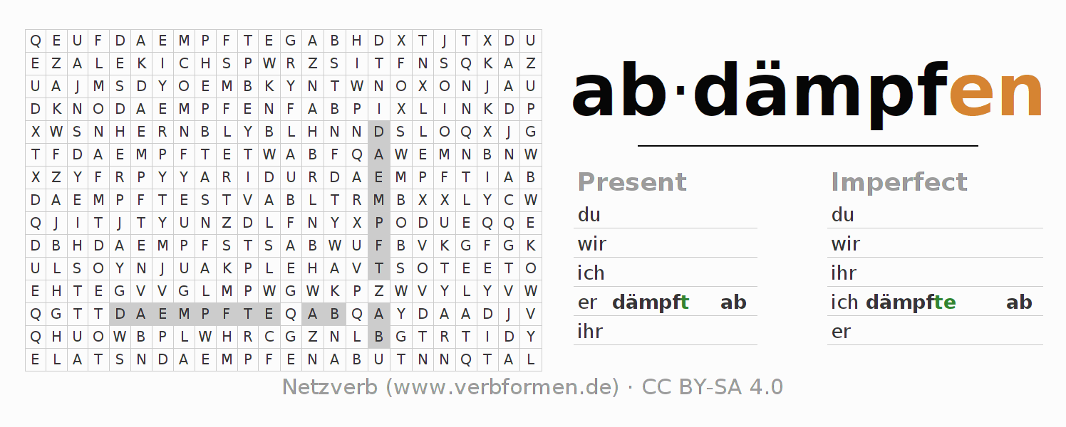 Word search puzzle for conjugation of German verb abdämpfen