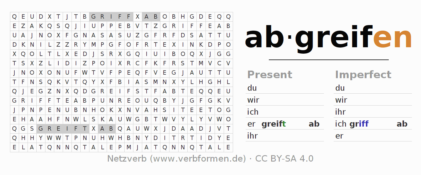Word search puzzle for conjugation of German verb abgreifen
