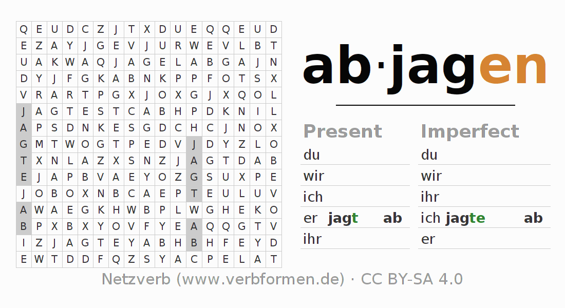 Word search puzzle for conjugation of German verb abjagen