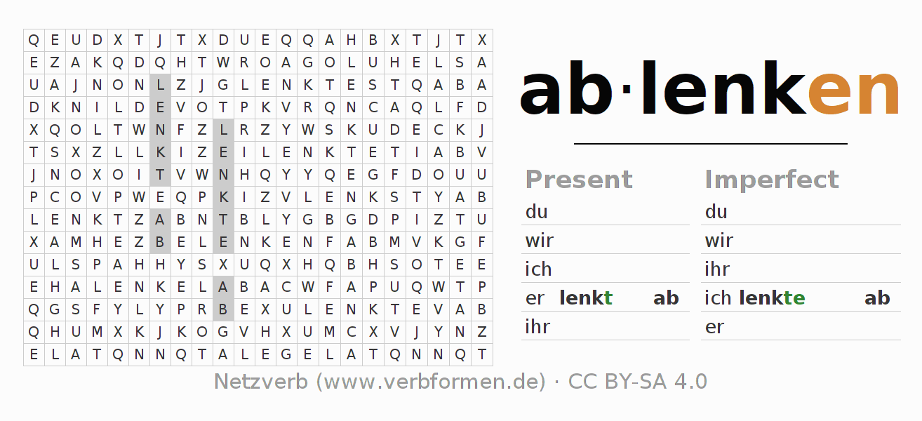 Word search puzzle for conjugation of German verb ablenken