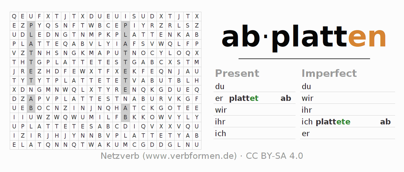 Word search puzzle for conjugation of German verb abplatten (ist)
