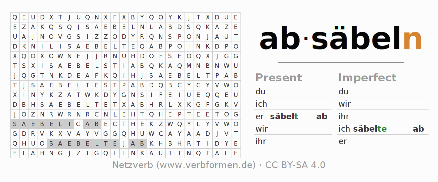 Word search puzzle for conjugation of German verb absäbeln