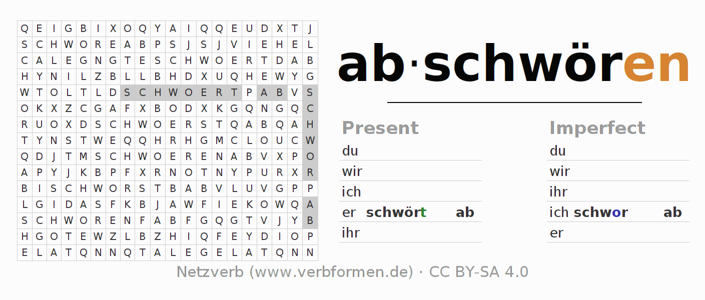Word search puzzle for conjugation of German verb abschwören