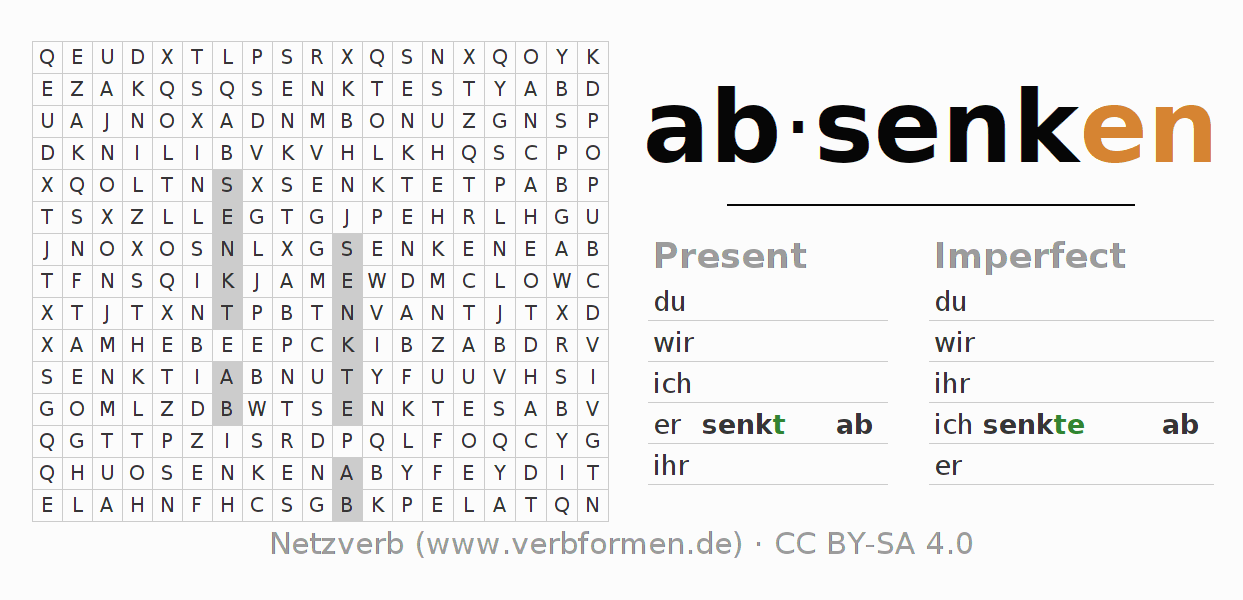 Word search puzzle for conjugation of German verb absenken