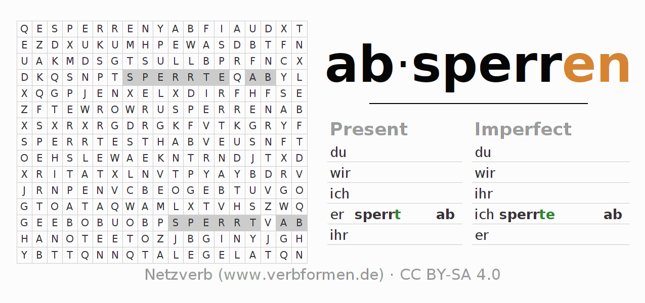 Word search puzzle for conjugation of German verb absperren