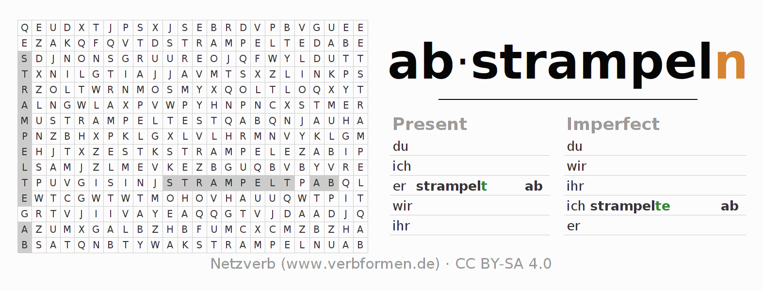 Word search puzzle for conjugation of German verb abstrampeln