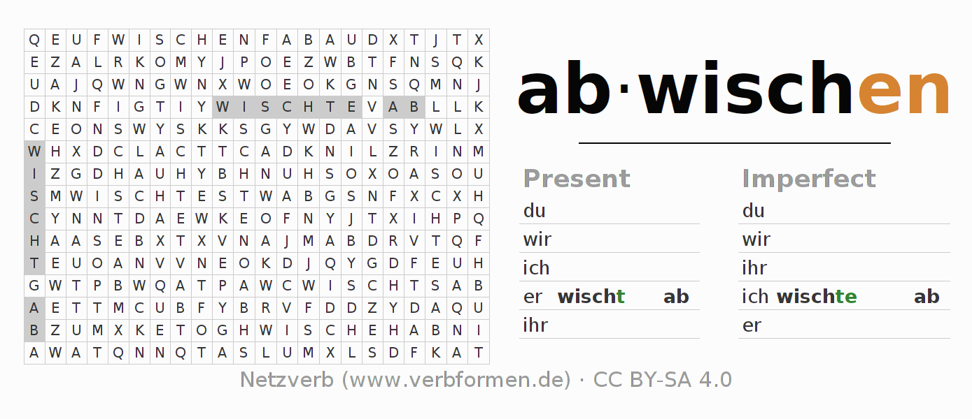 Word search puzzle for conjugation of German verb abwischen