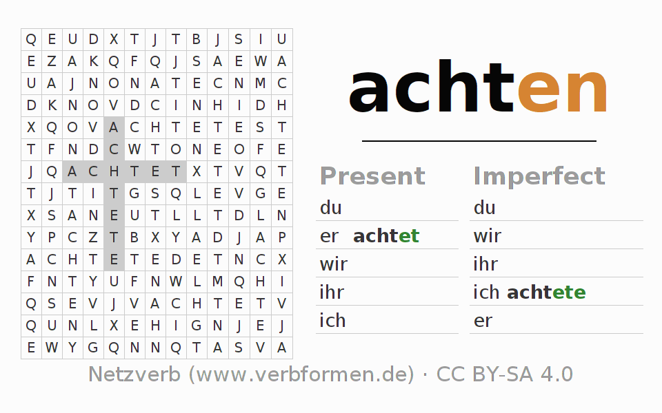 Word search puzzle for conjugation of German verb achten