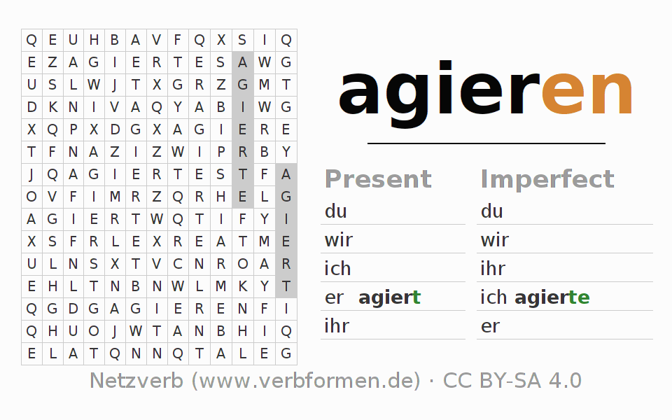 Word search puzzle for conjugation of German verb agieren