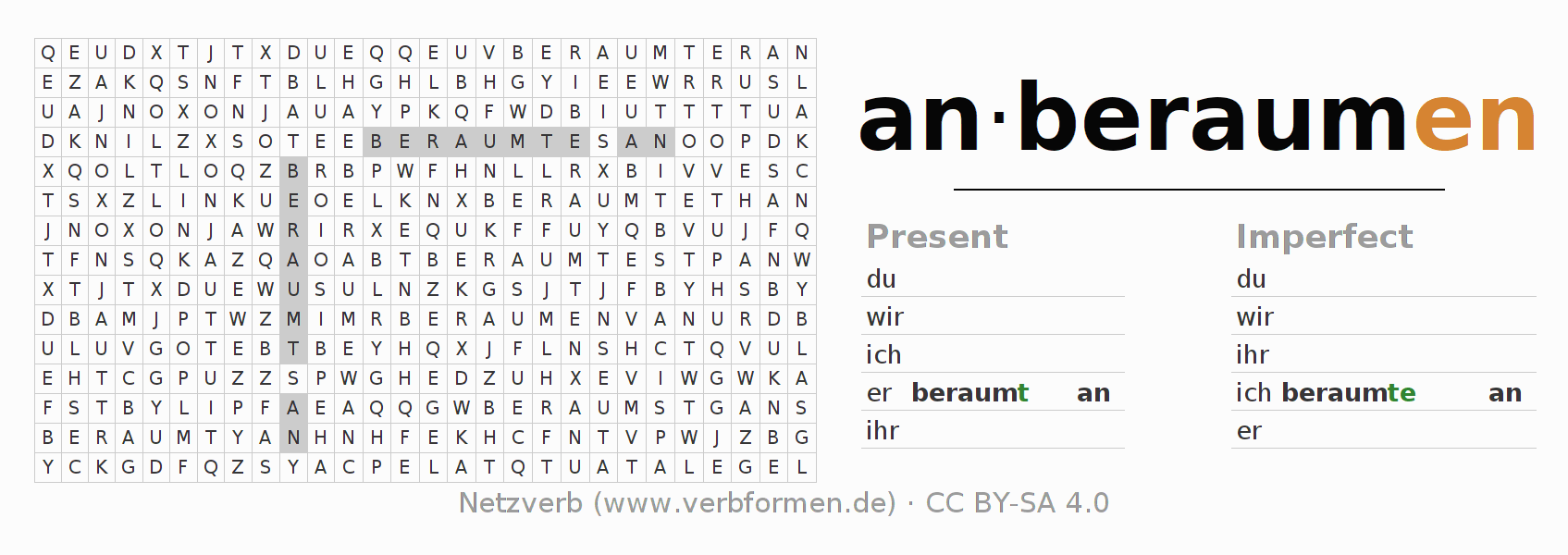 Word search puzzle for conjugation of German verb anberaumen