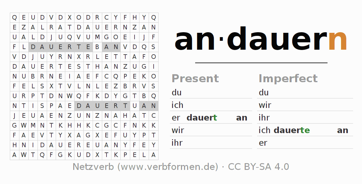 Word search puzzle for conjugation of German verb andauern