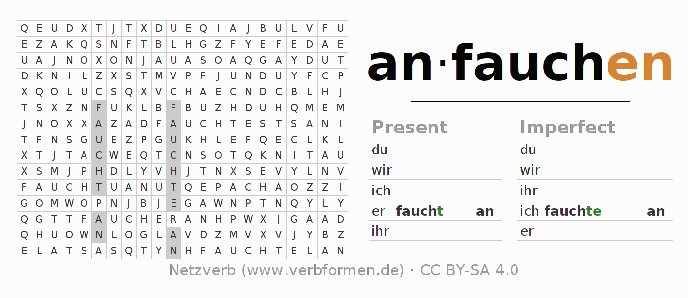 Word search puzzle for conjugation of German verb anfauchen