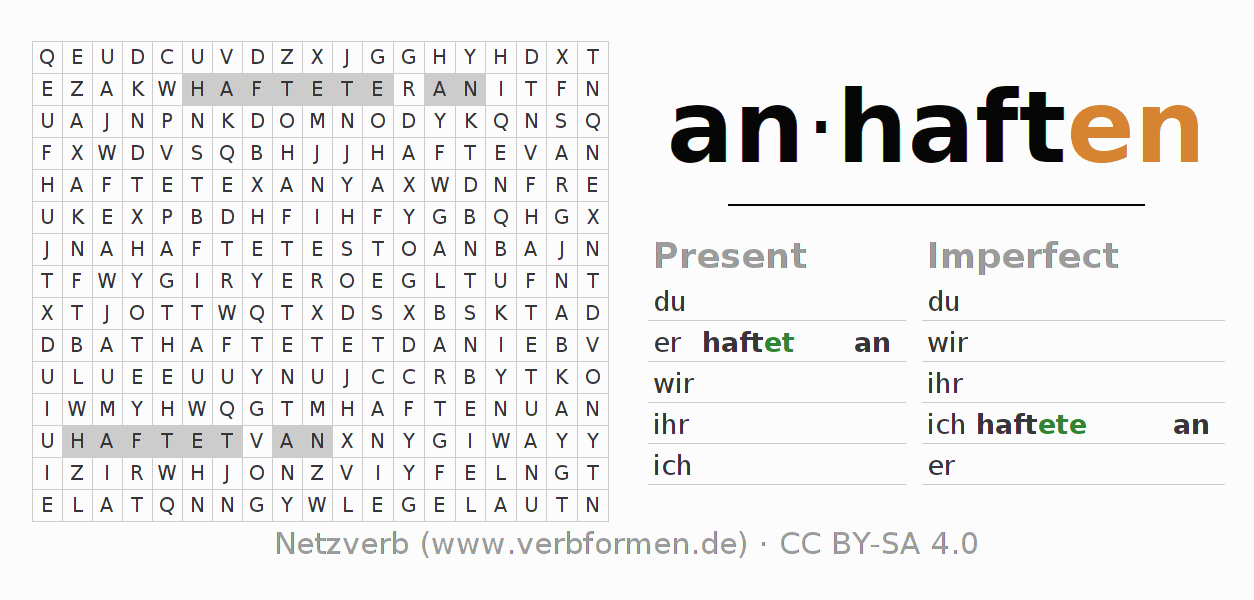 Word search puzzle for conjugation of German verb anhaften