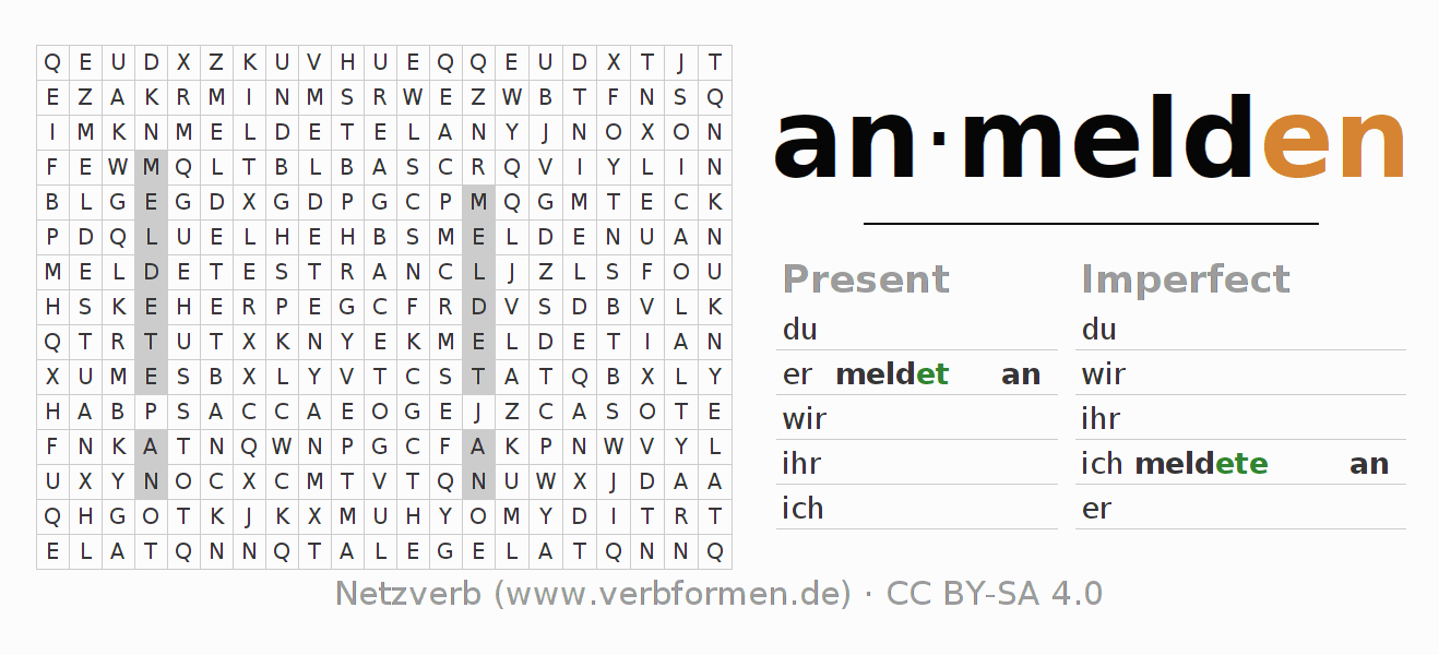 Word search puzzle for conjugation of German verb anmelden