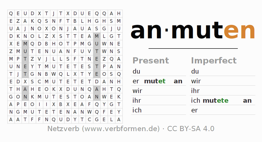 Word search puzzle for conjugation of German verb anmuten