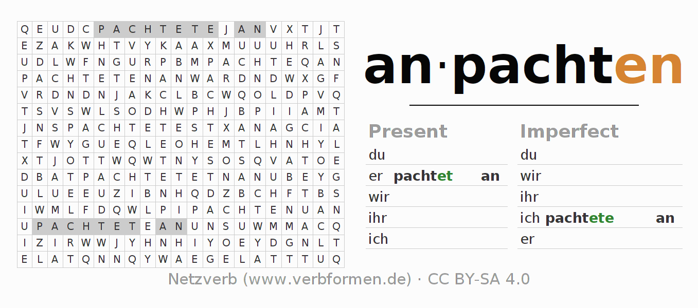 Word search puzzle for conjugation of German verb anpachten