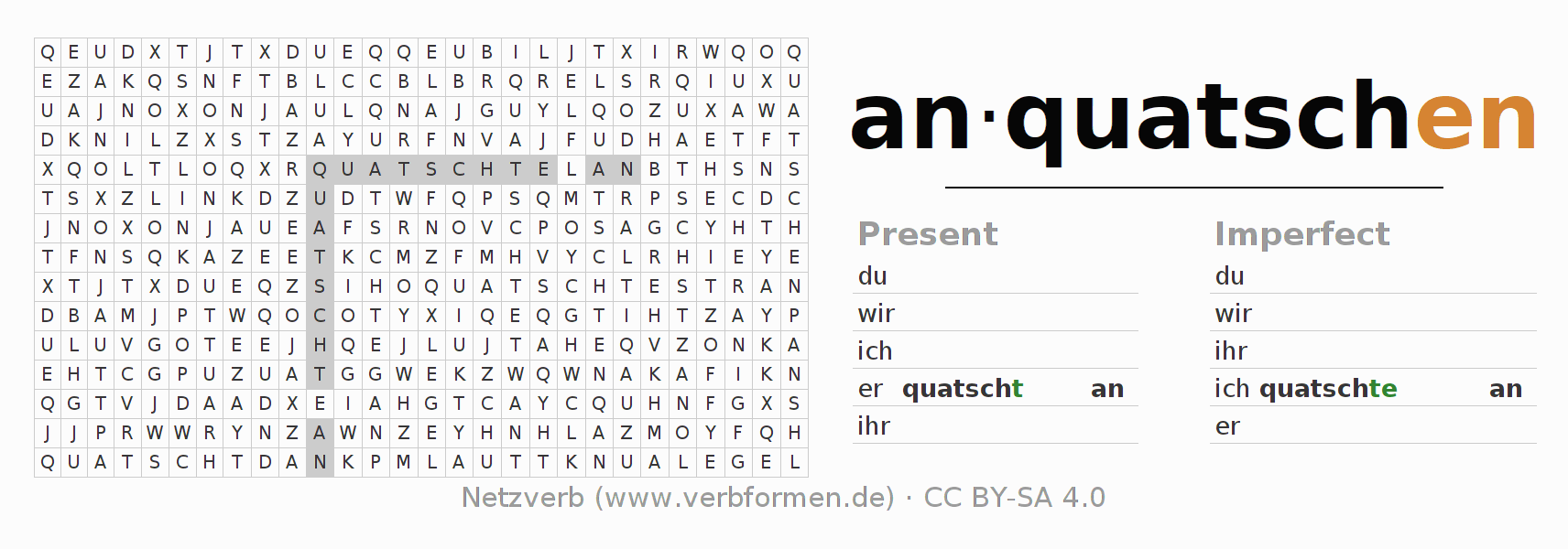 Word search puzzle for conjugation of German verb anquatschen