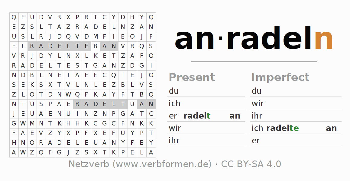 Word search puzzle for conjugation of German verb anradeln