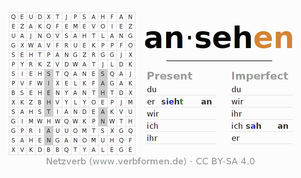 Word search puzzle for conjugation of German verb ansehen
