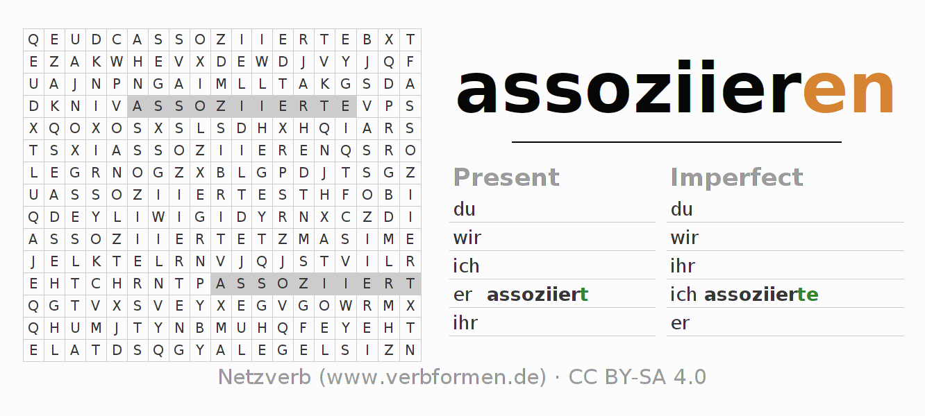 Word search puzzle for conjugation of German verb assoziieren