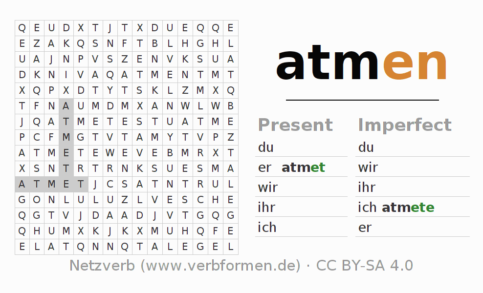 Word search puzzle for conjugation of German verb atmen