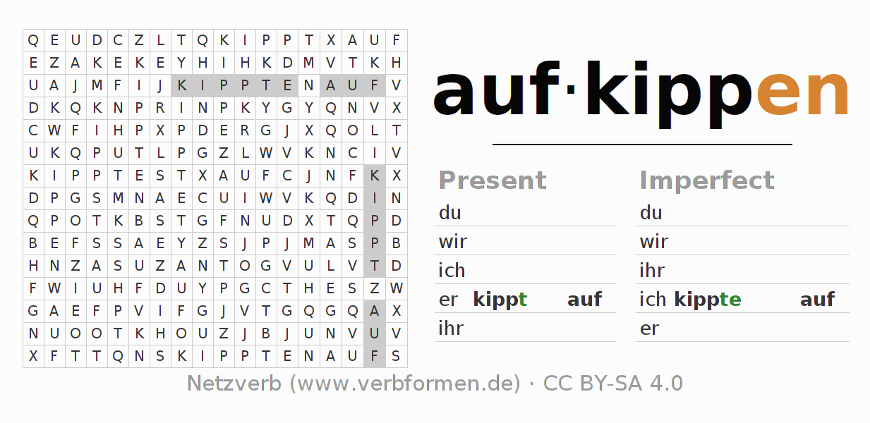 Word search puzzle for conjugation of German verb aufkippen