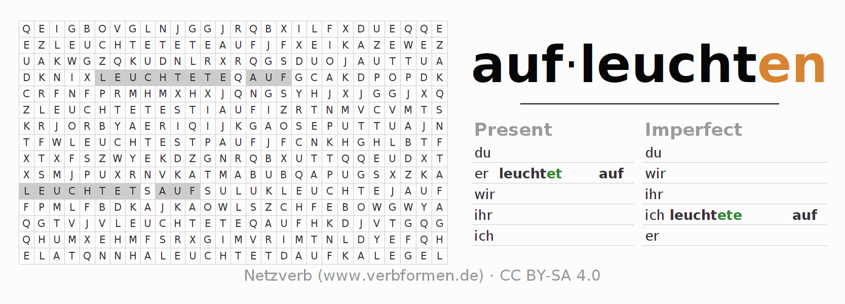 Word search puzzle for conjugation of German verb aufleuchten (ist)
