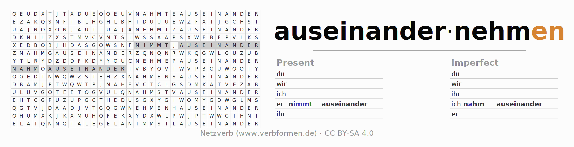 Word search puzzle for conjugation of German verb auseinandernehmen