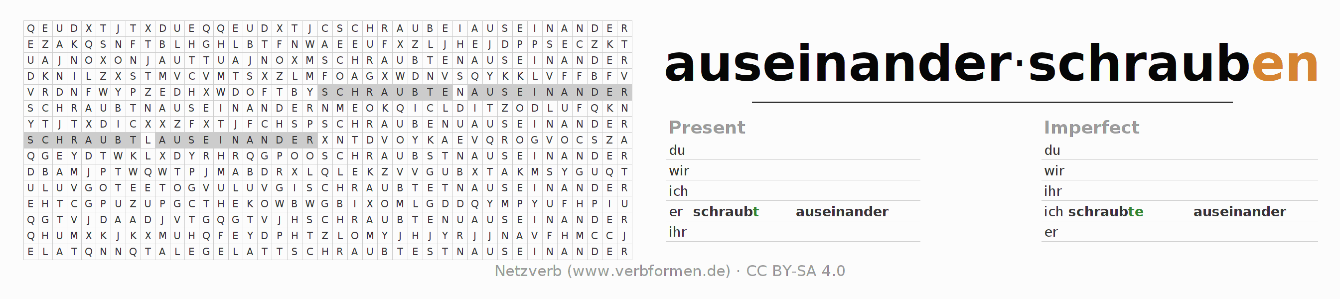 Word search puzzle for conjugation of German verb auseinanderschrauben