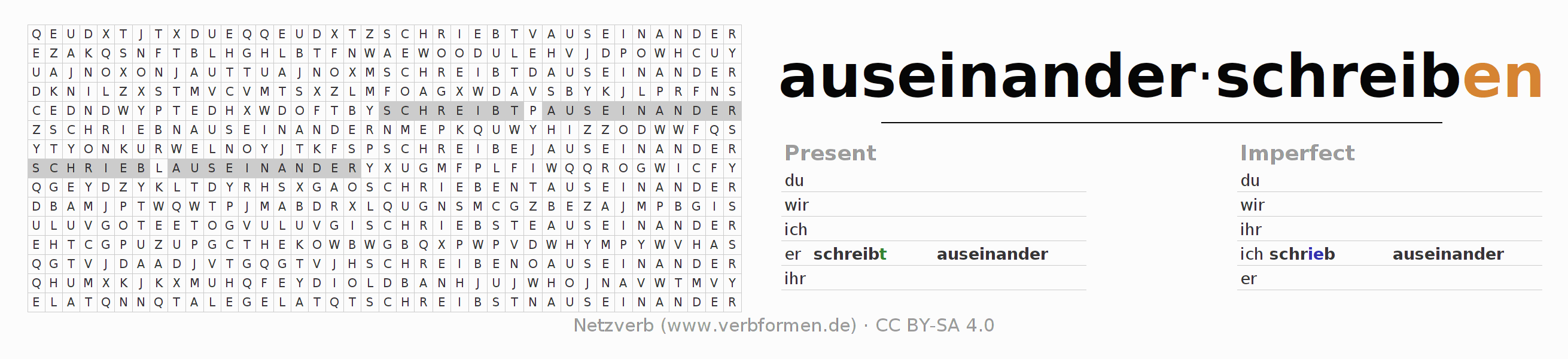 Word search puzzle for conjugation of German verb auseinanderschreiben
