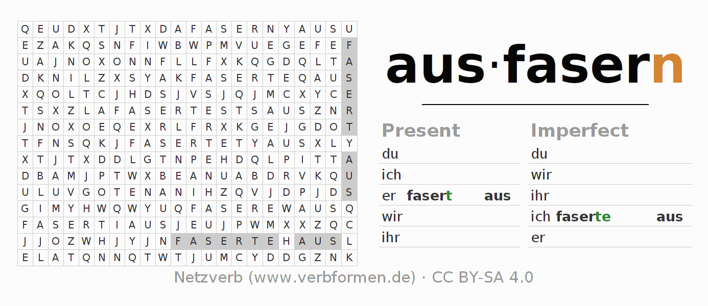 Word search puzzle for conjugation of German verb ausfasern (ist)