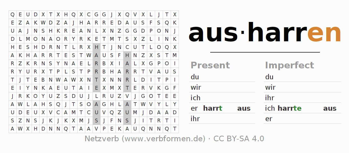 Word search puzzle for conjugation of German verb ausharren