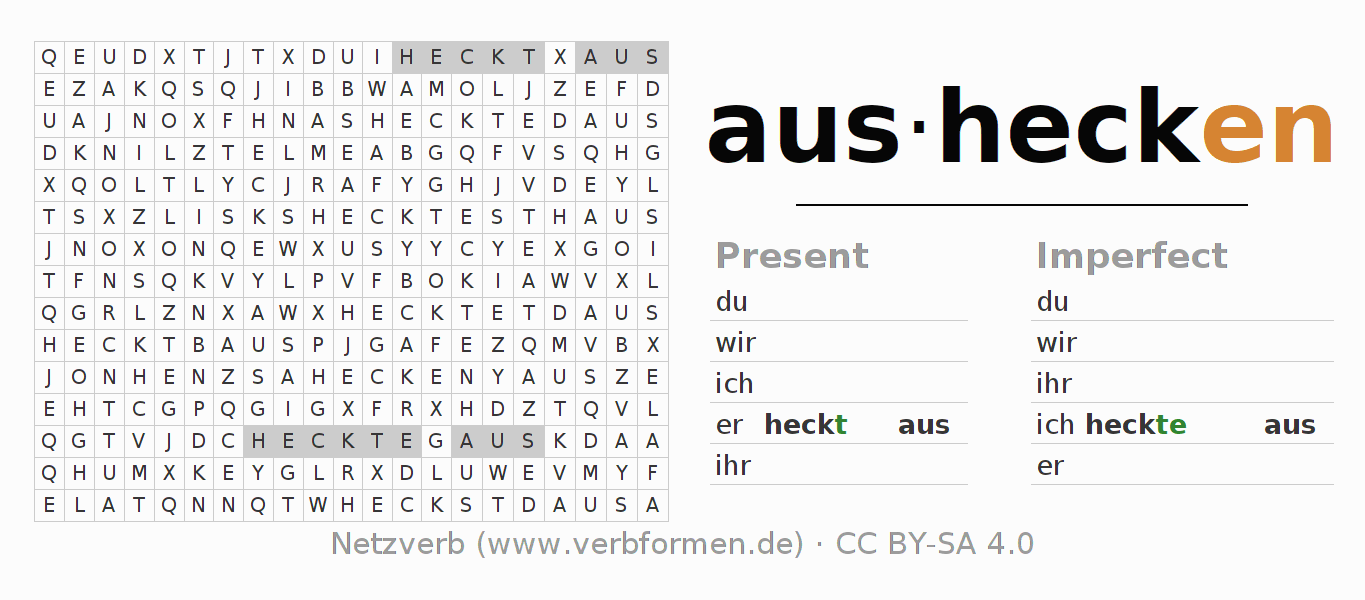 Word search puzzle for conjugation of German verb aushecken
