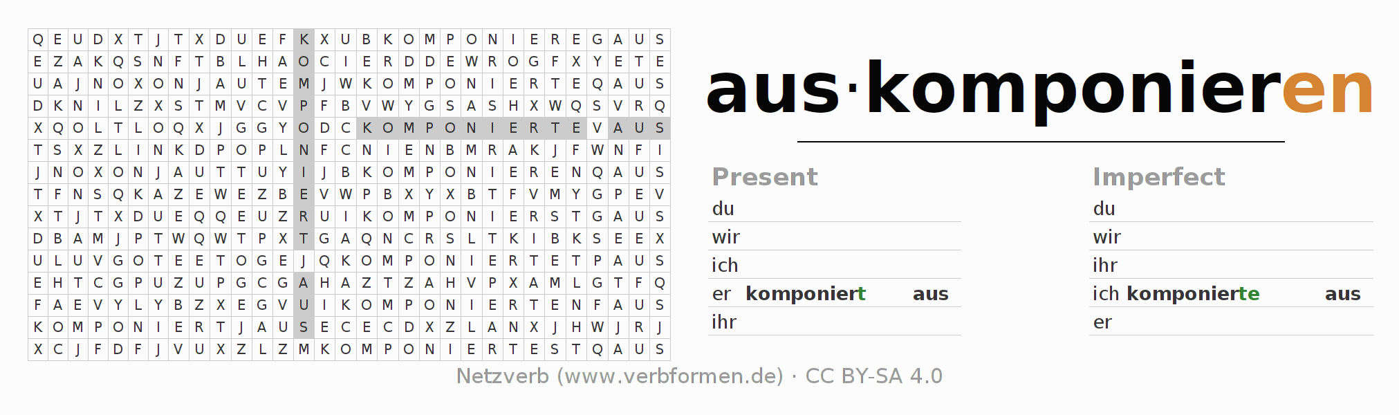 Word search puzzle for conjugation of German verb auskomponieren
