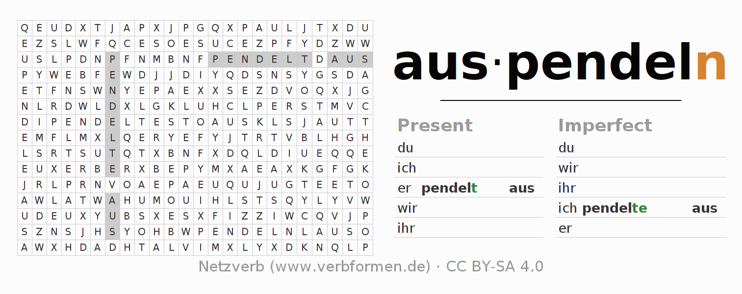 Word search puzzle for conjugation of German verb auspendeln