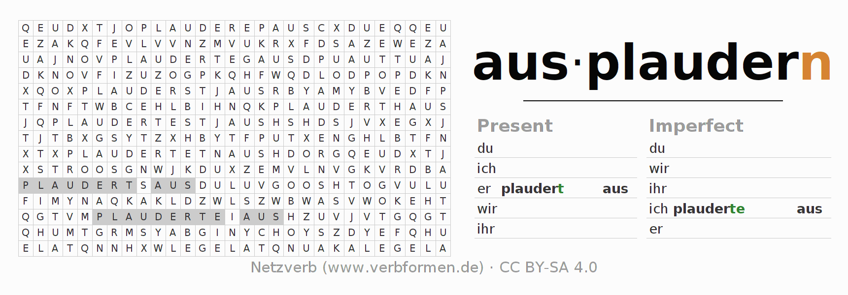 Word search puzzle for conjugation of German verb ausplaudern