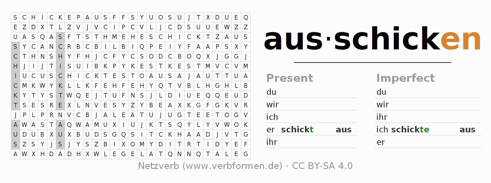 Word search puzzle for conjugation of German verb ausschicken