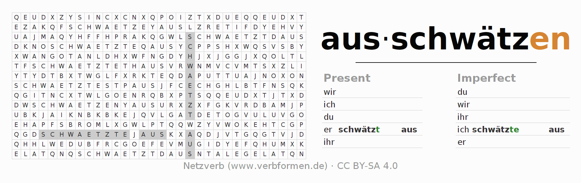 Word search puzzle for conjugation of German verb ausschwätzen