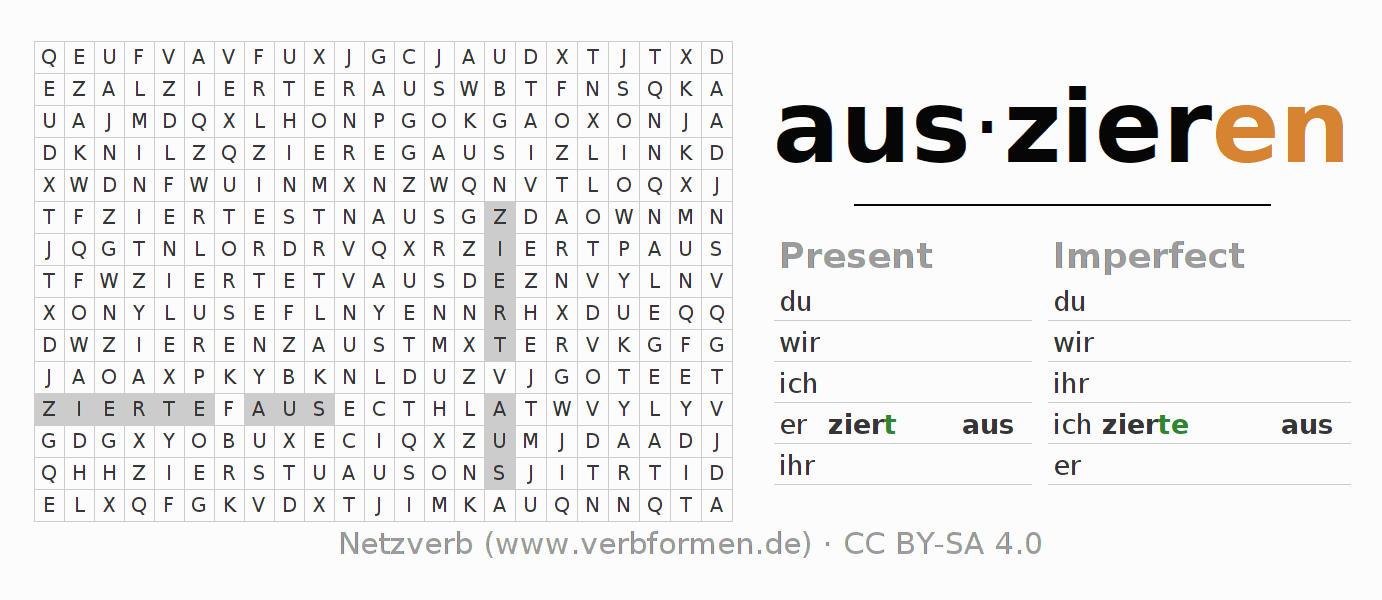 Word search puzzle for conjugation of German verb auszieren