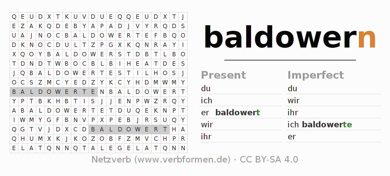 Word search puzzle for conjugation of German verb baldowern