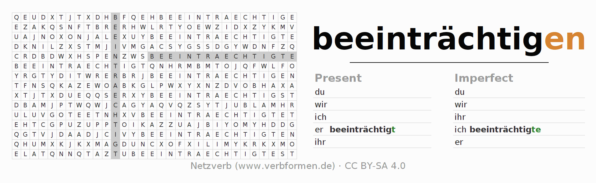 Word search puzzle for conjugation of German verb beeinträchtigen
