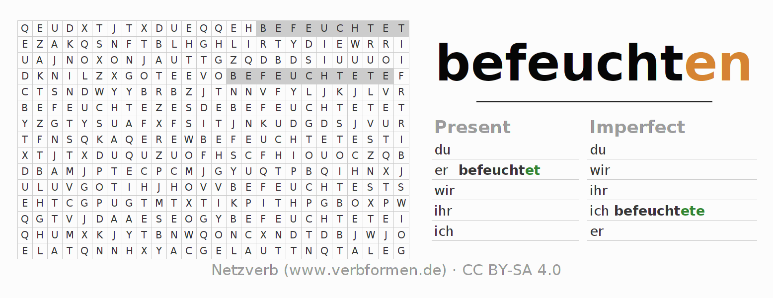 Word search puzzle for conjugation of German verb befeuchten