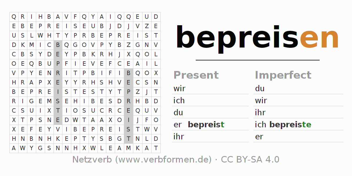 Word search puzzle for conjugation of German verb bepreisen