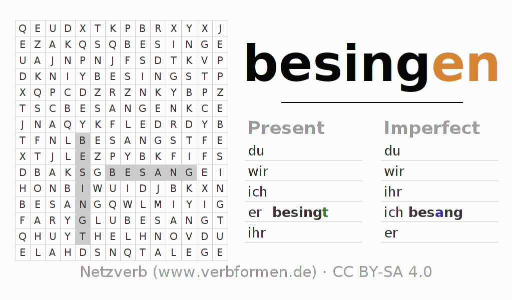 Word search puzzle for conjugation of German verb besingen