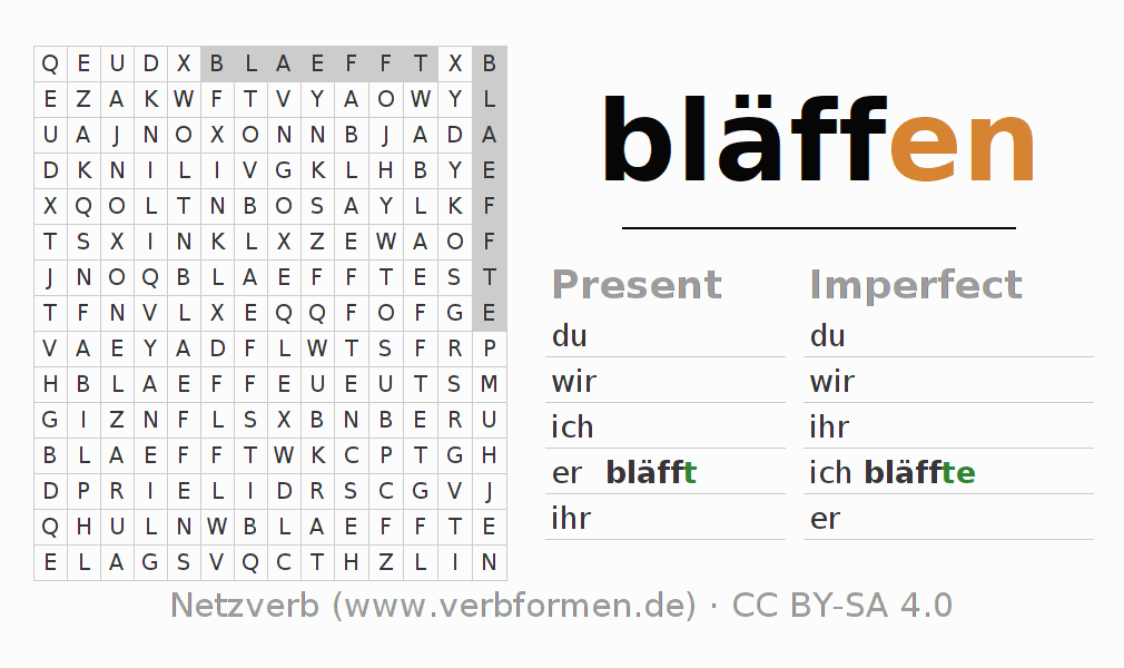 Word search puzzle for conjugation of German verb bläffen