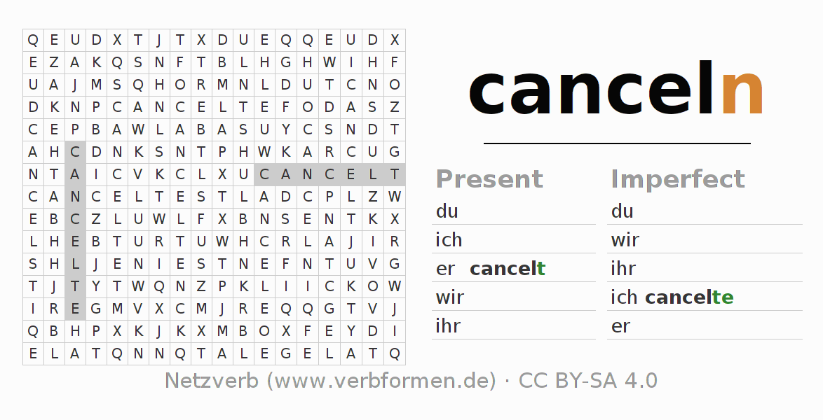 Word search puzzle for conjugation of German verb canceln