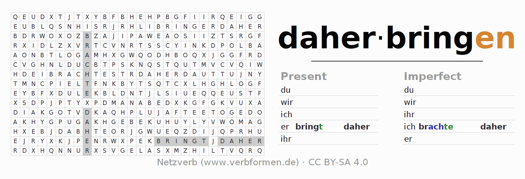 Word search puzzle for conjugation of German verb daherbringen