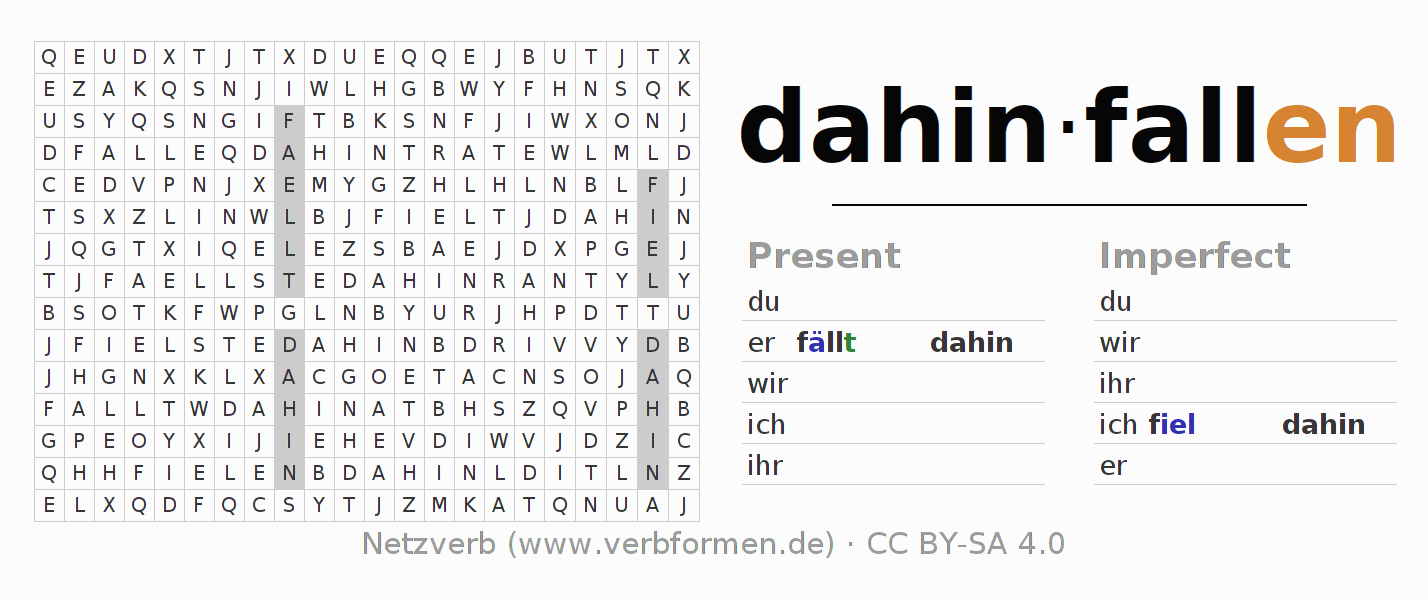 Word search puzzle for conjugation of German verb dahinfallen